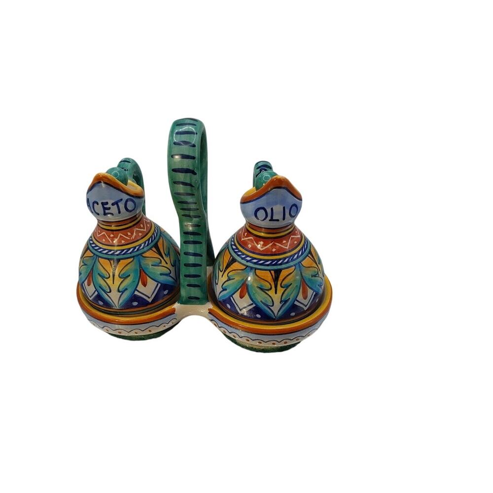 Deruta Ceramic Oil Vinegar Cruet Set With Caddy 5" Discontinued